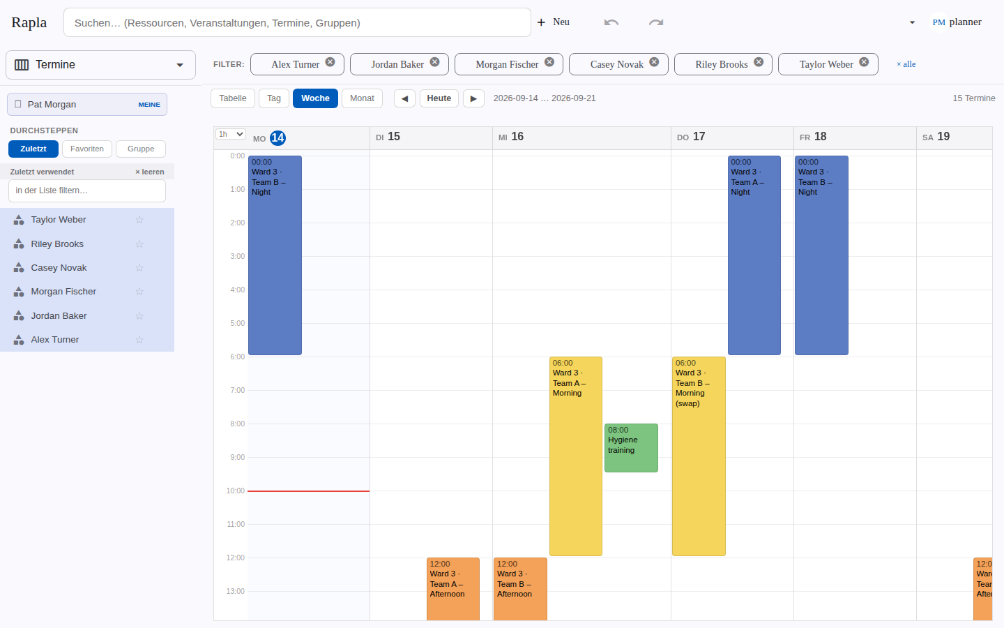 Week view by person with night, morning and afternoon shifts